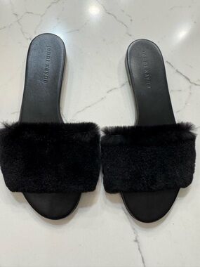 Jenni Kayne Black Mink Fur Slide Sandals 38